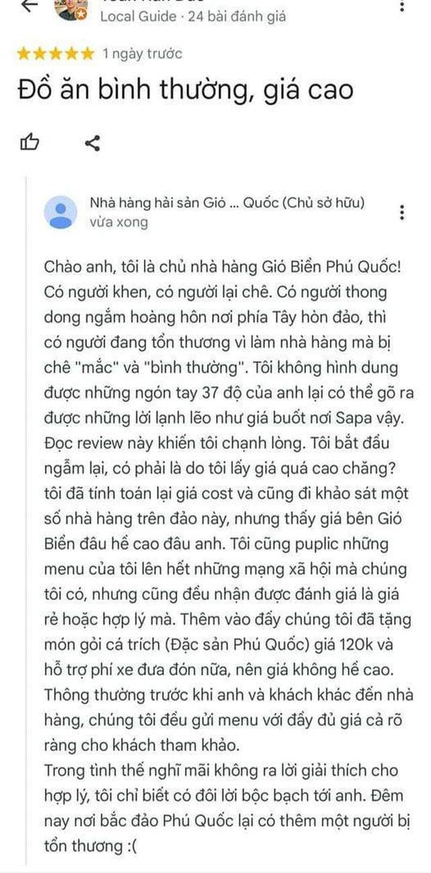 Tổn thương vì bị khách chê đắt, chủ nhà hàng gửi tâm thư: Sao những ngón tay 37 độ của anh lại gõ ra những lời lạnh lẽo như vậy? - Ảnh 1.