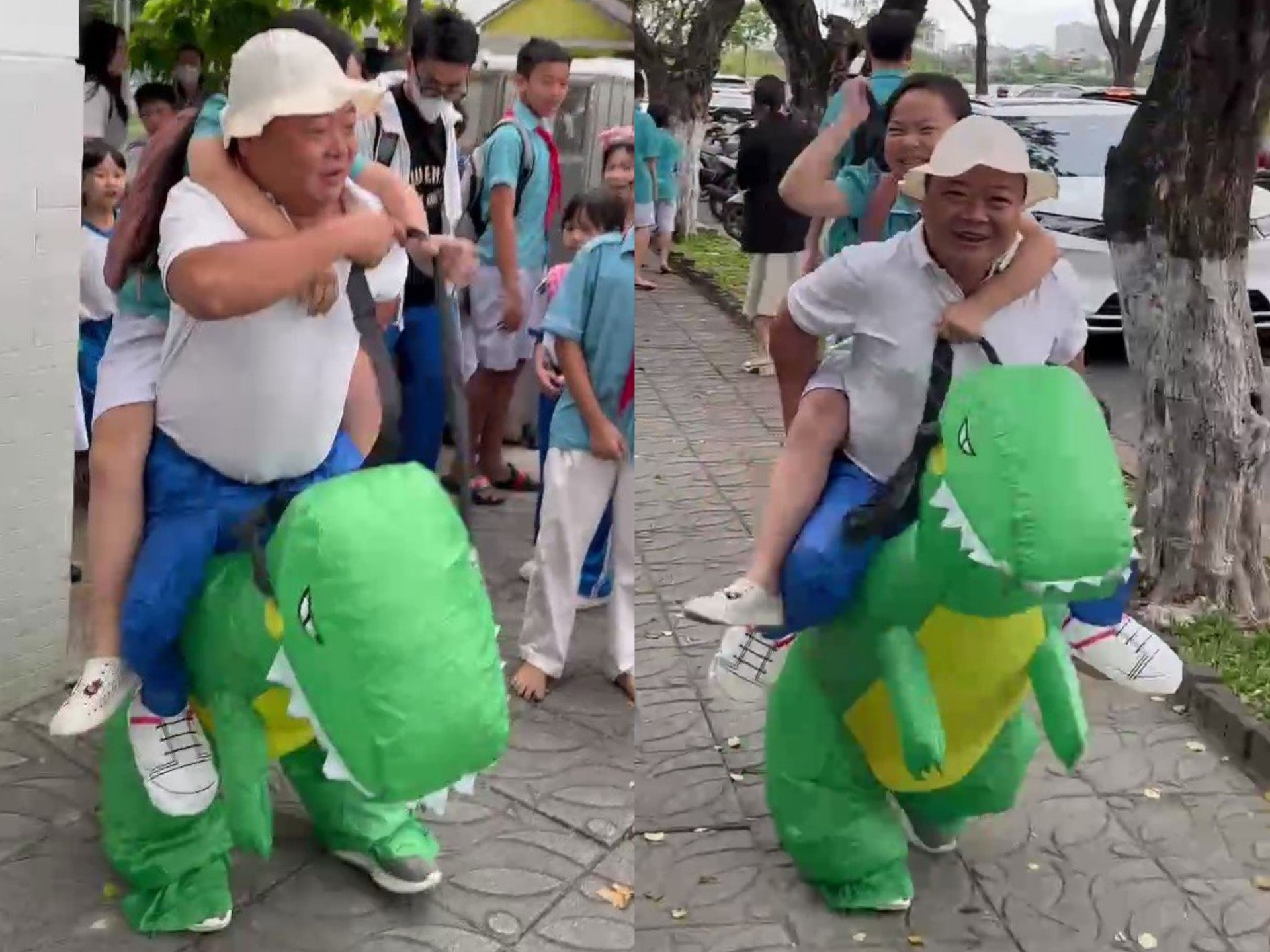 Đà Nẵng: Cha mặc đồ khủng long đón con gái ở trường gây sốt mạng xã hội - 1