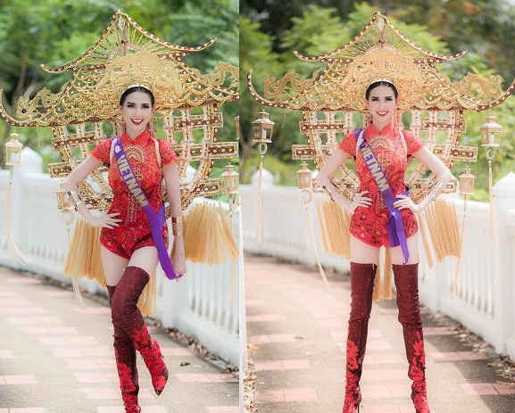 Phan Thị Mơ mang hình ảnh chùa Một cột vào trang phục tại Hoa hậu Đại sứ du lịch thế giới 2018