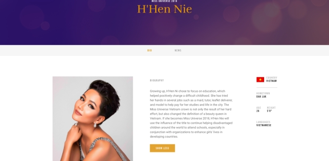H'hen Niê chính thức xuất hiện trên trang chủ Miss Universe 2019
