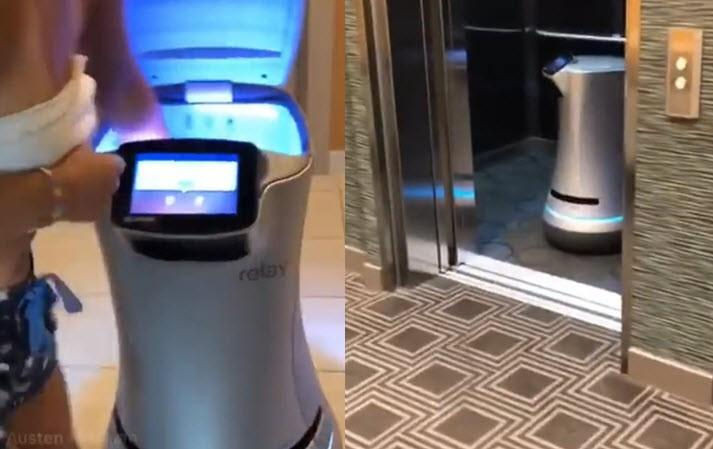 Xem clip robot đi thang máy đưa đồ cho khách