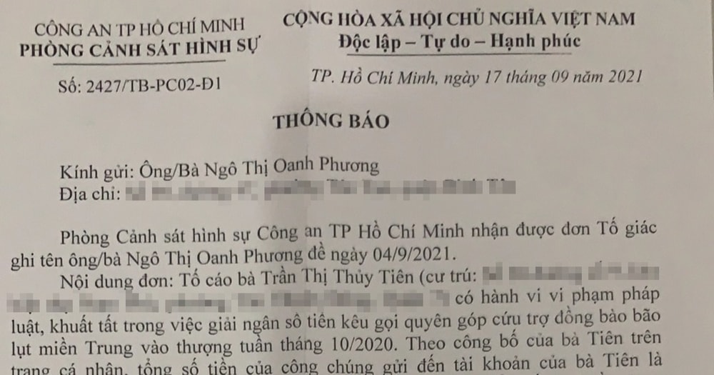 Công an TP.HCM xem xét, giải quyết đơn người dân tố giác ca sĩ Thủy Tiên