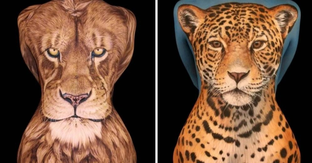Body painting - Họa sĩ biến tấm lưng bạn gái trở thành... mặt sư tử vô cùng chân thực